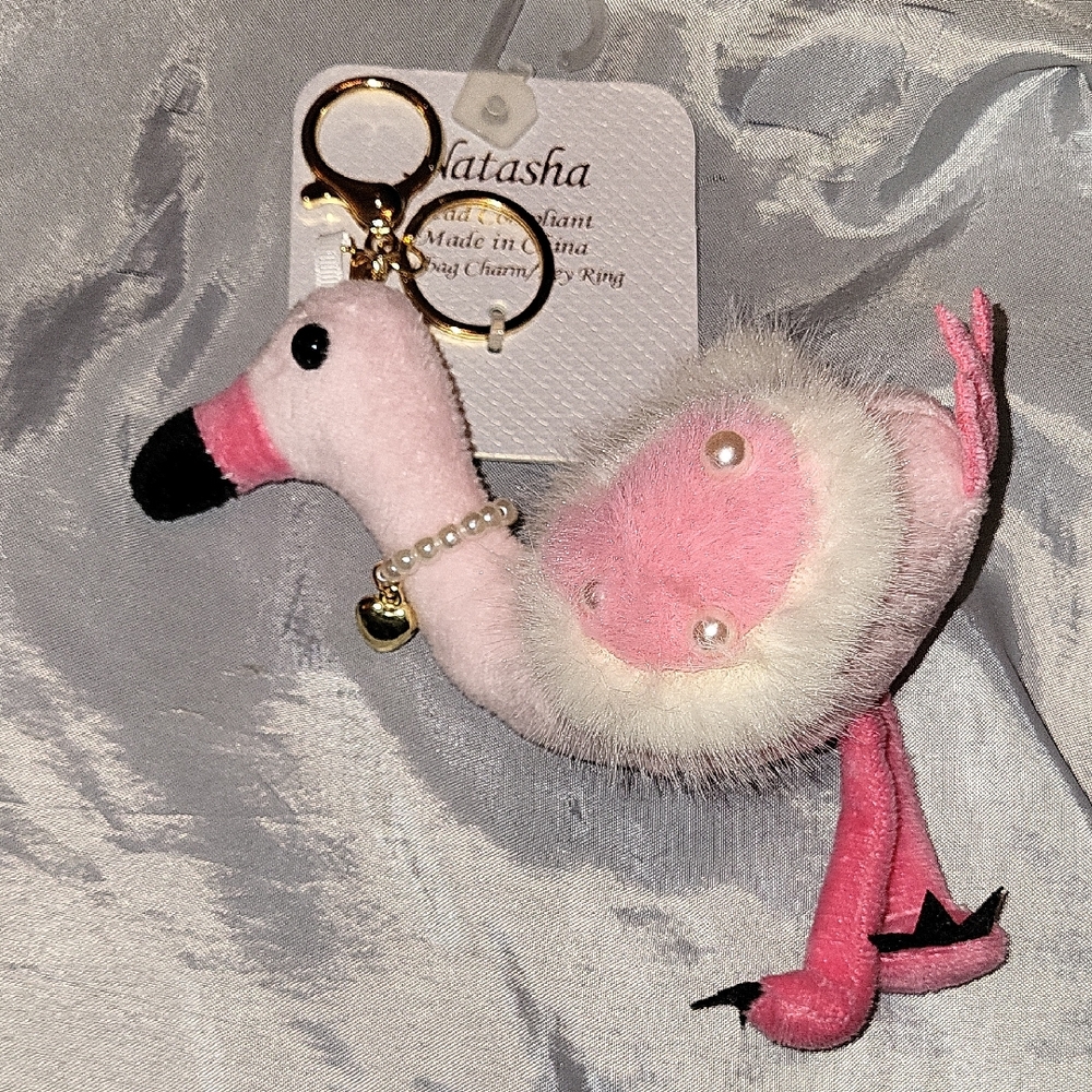 Natasha Couture Pink and White Flamingo Bird Bag Charm KeychainTL